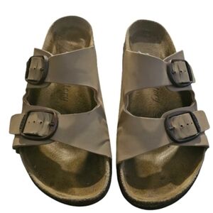 FITORY Womens Flat Sandals with Cork Footbed, Open Toe Slides Adjustable